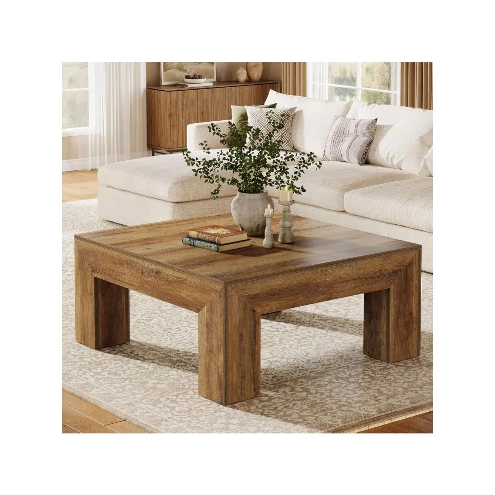 

39.4-Inch Square Coffee Table for Living Room, Farmhouse All MDF Cocktail Table - Sturdy Wood Legs & Easy Assembly, Center Accen