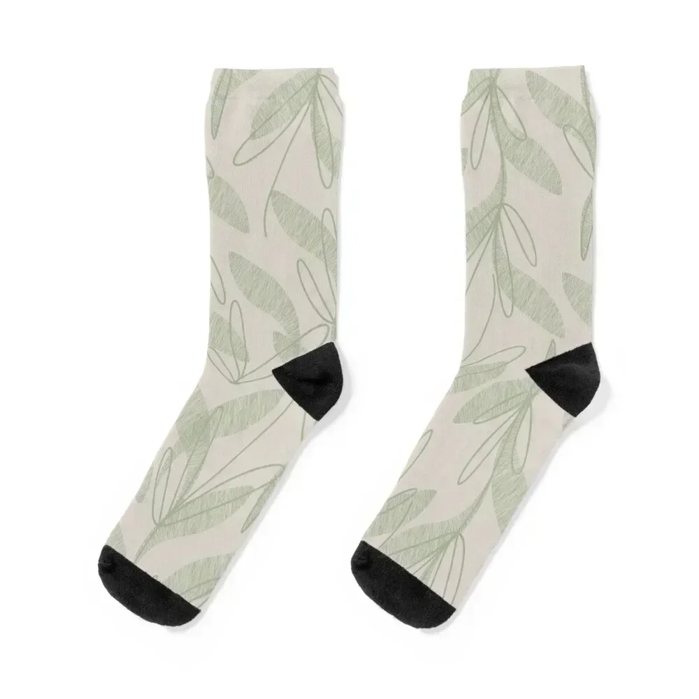 

Etched Leaves Floral Botanical Pattern in Sage Green and Beige Socks christmas gifts basketball short Non-slip Women Socks Men's