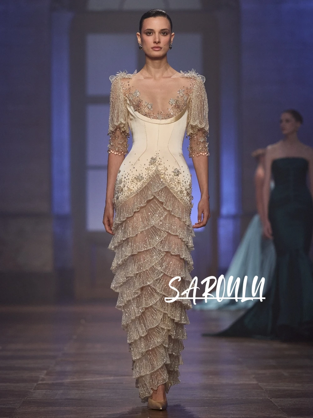 Chic Tiered Ruffle Evening Dress Elegant Luxury Arabic Beaded Sequined Customized Prom Gown For Wedding Guest Cocktail Party