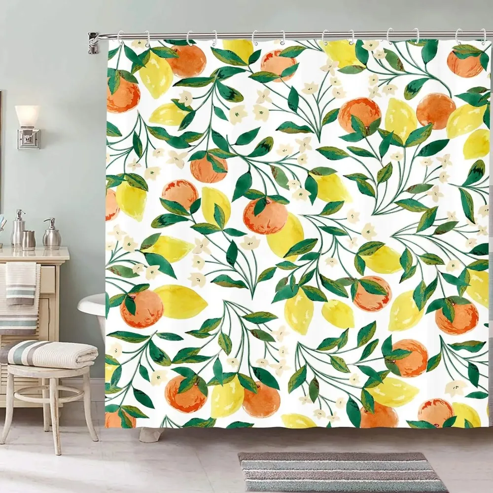 

Watercolor Lemon Peach Shower Curtain Fruit and Flower Theme Nature Botanical Summer Bathroom Decor Hooks