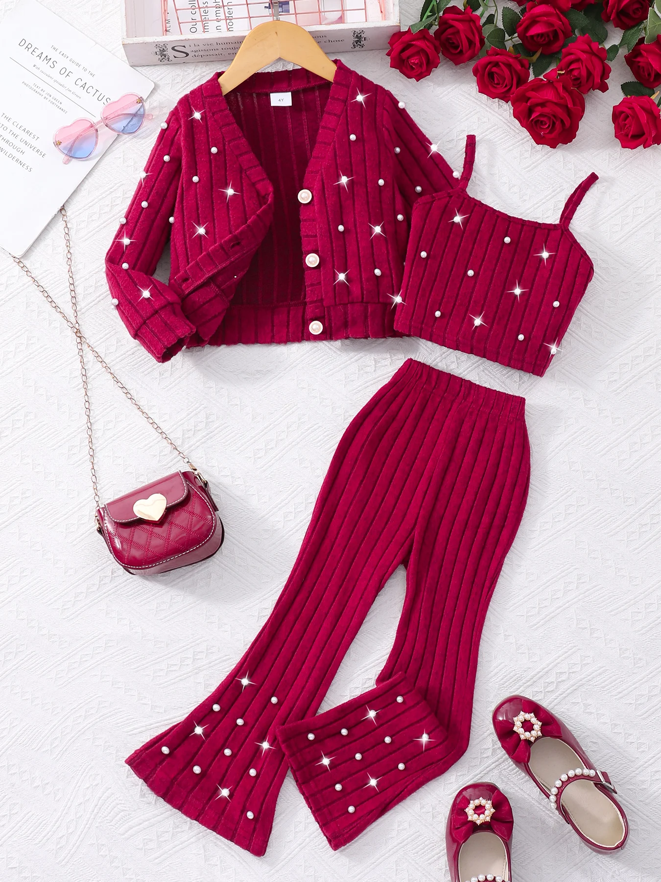 Autumn long pants set for girls aged 4 to 7, including long sleeve cardigan, spaghetti strap vest, and long pants