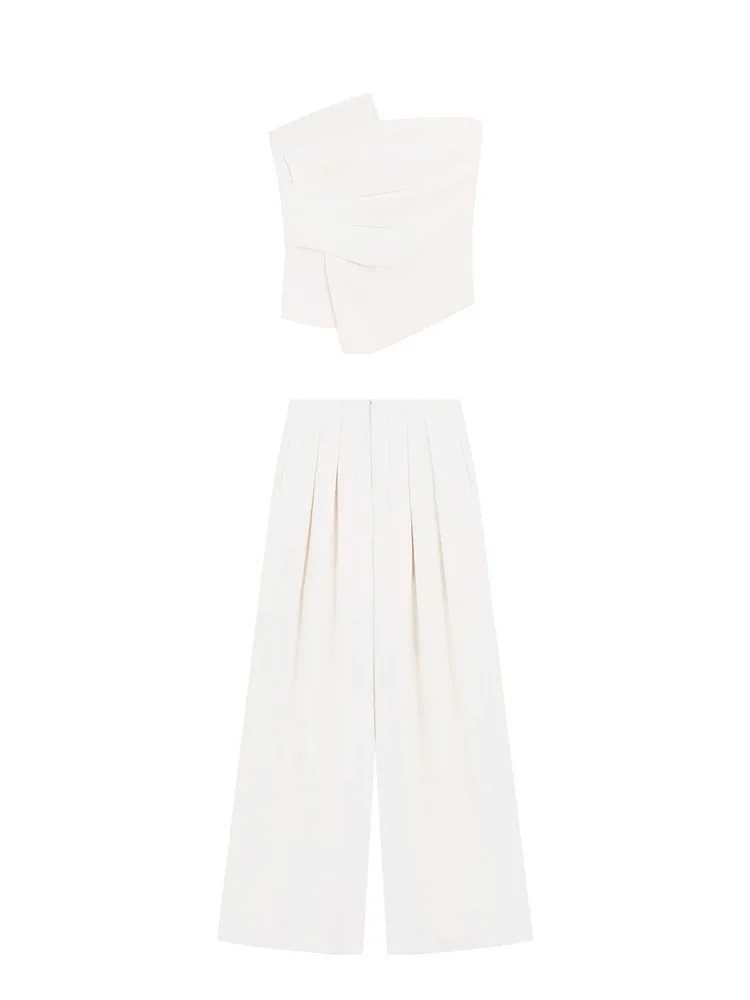 Set Celana Solid Desain Chic Korea Baru Atasan Bungkus Berlipat Tidak Beraturan Wanita + Setelan Celana Kaki Lebar Musim Panas Y2k Set 2 Potong Pinggang Tinggi