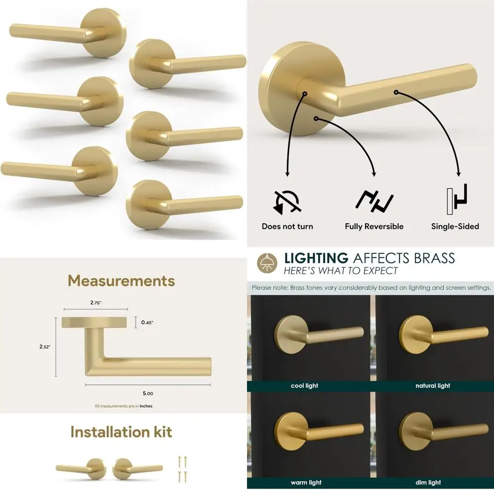 مقابض الأبواب الذهبية شديدة التحمل - 6 عبوات، غير قابلة للدوران للممر والخزانة والأبواب الفرنسية وأجهزة الأبواب المتينة