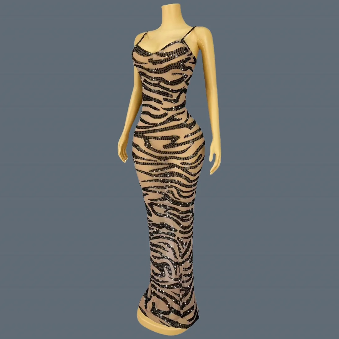 Nouveau noir strass maille transparente imprimé léopard sangle Chic robe pour belle Figure femmes fête d'anniversaire reine Maxi robe Modengbaowen