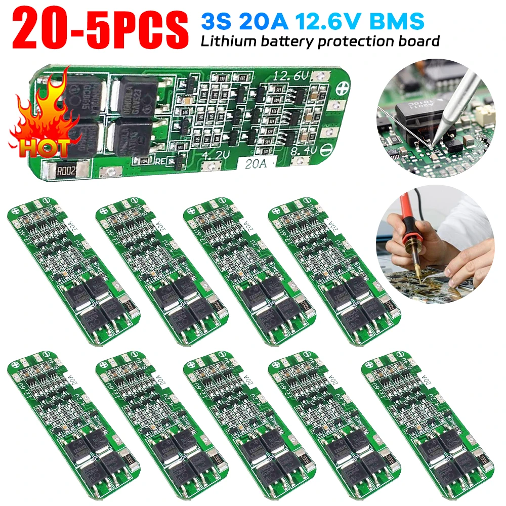 5-20PC 3S 20A Li-ion Lithium Battery 18650 Charger PCB BMS Protection Board For Drill Motor 12.6V-13V Lipo Cell Module 59x20x4mm