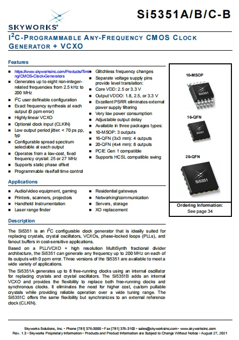 SI5351A-B-GM I2C-PROGRAMMABLE ANY-FREQUENCY CMOS CLOCK GENERATOR + VCXO Audio/video equipment, gaming XO replacement