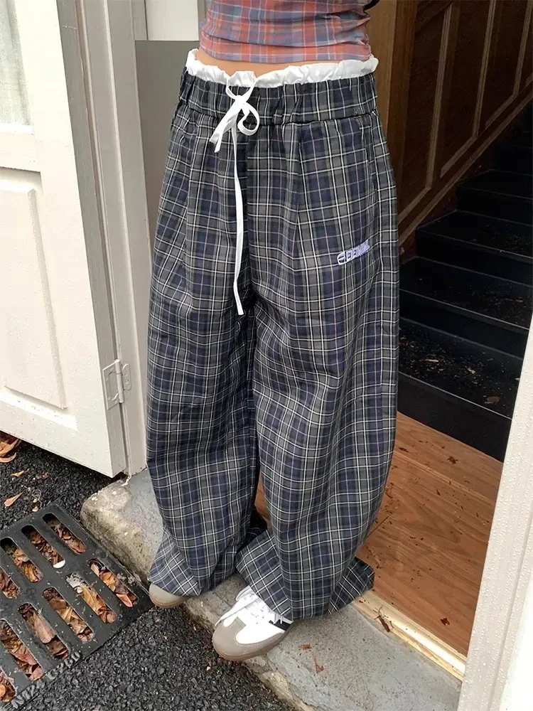 Vintage Plaid Pants Loose High Waist Wide Leg Trousers Korean Casual Harajuku Oversize Patchwork Bf Pants Y2K American Women