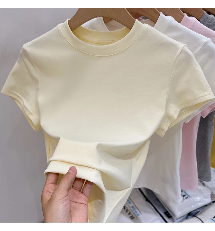 AOSSVIAO 2026 Summer Solid Color Women's Short Sleeve T-Shirt American Vintage Y2K Slim Basic O-Neck Tee Trendy Slim Fit Tops