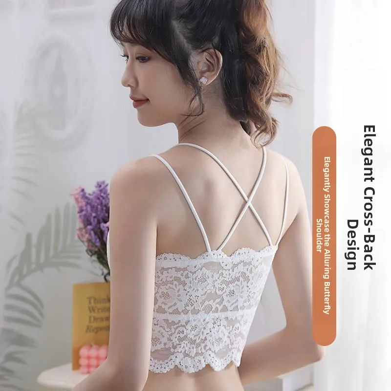 Pure Desire Lace Cross Back Bralette Inner Wear Outer Wear Bandeau Strapless Hollow out Design Nylon Fabric Short Length