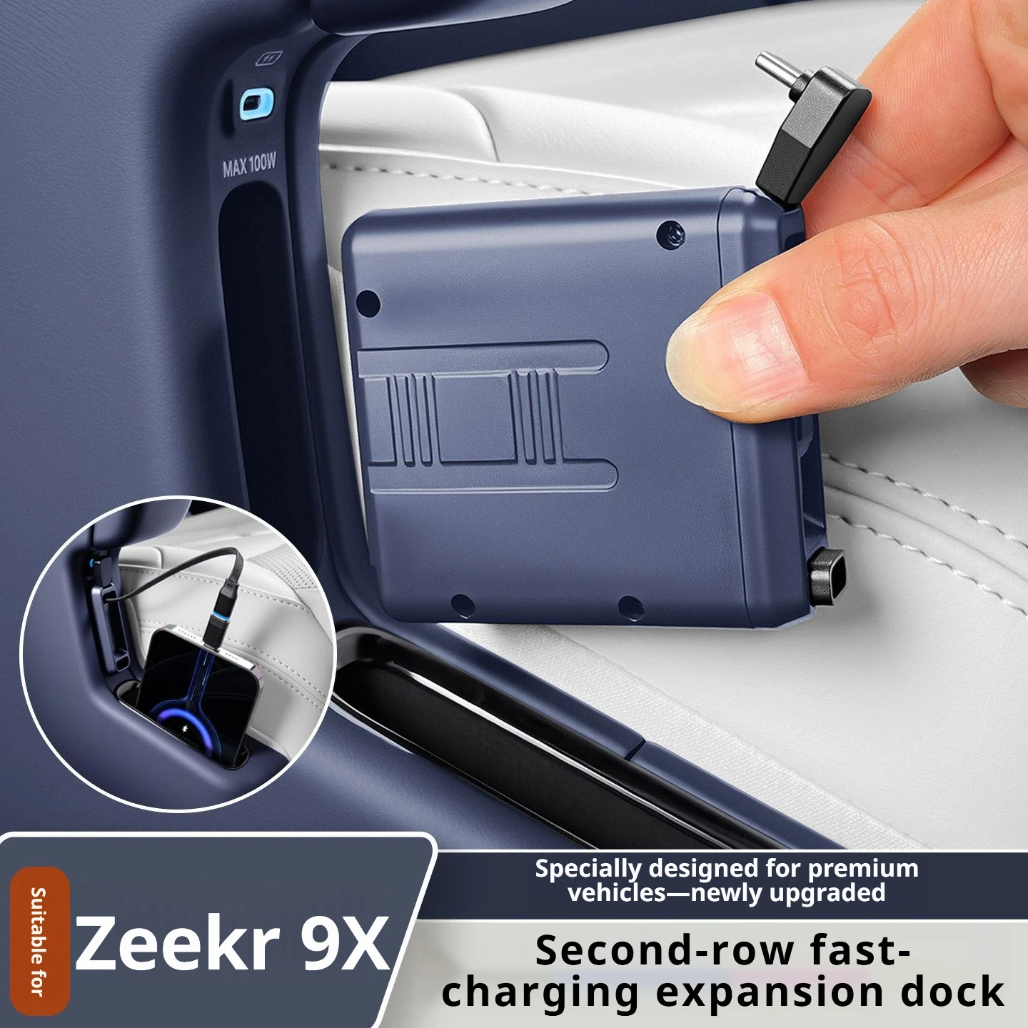 For Zeekr 9X Car Second Row Seat Dock Rear Fast Charging Retractable Cable Charger Extension Cord Interior Accessories