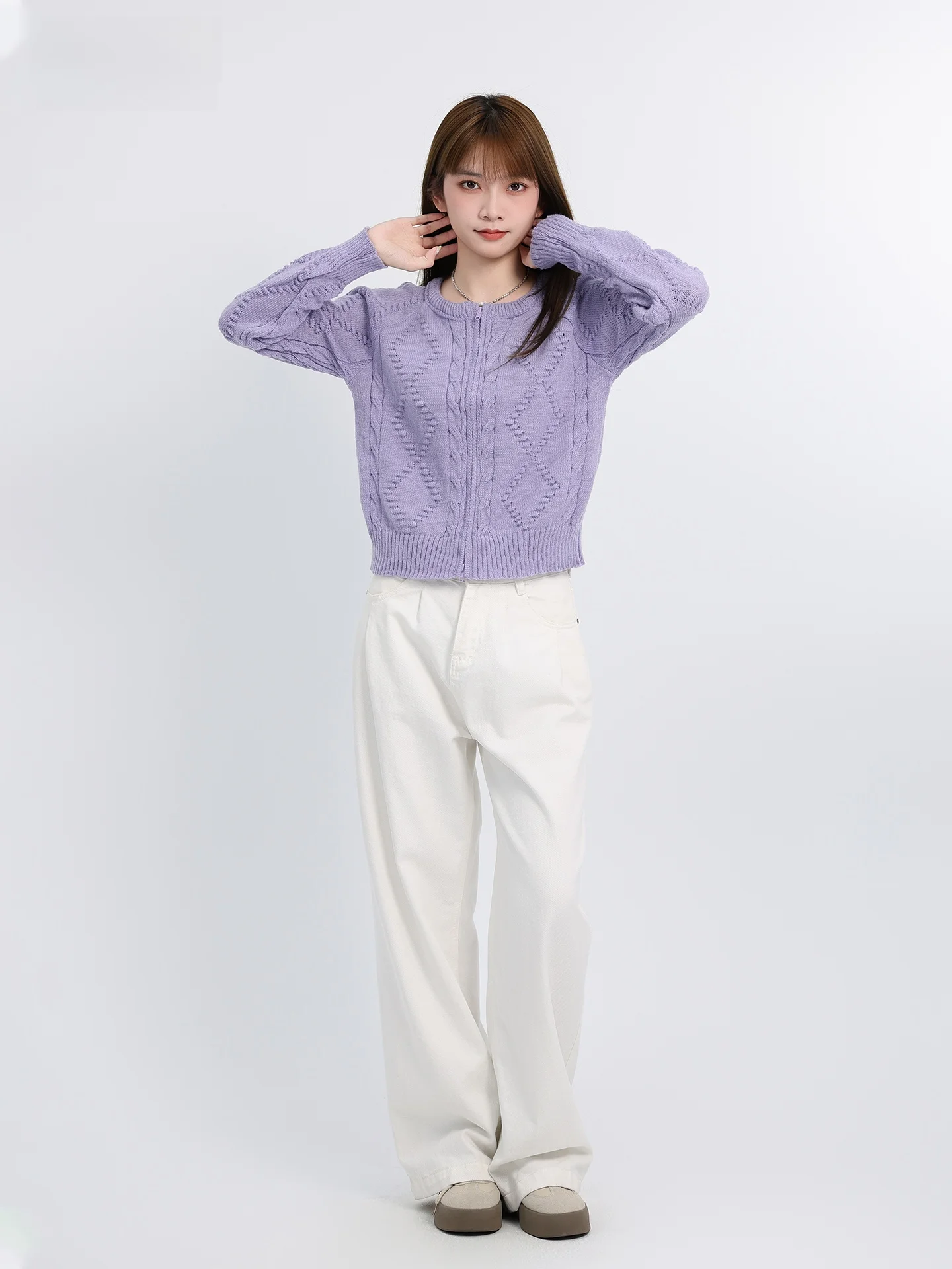 เสื้อคาร์ดิแกนไหมพรมถักแบบยาวสำหรับผู้หญิง ทรงหลวม ซิปหน้า ดีไซน์เก๋ ช่วยพรางหุ่น  แฟชั่นฤดูใบไม้ร่วงและฤดูหนาว สไตล์ลำลอง คอกลม