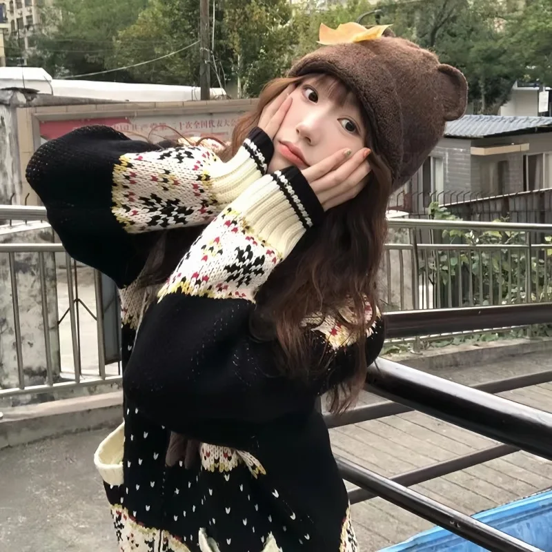 

Retro Fel Island Jacquard Thick Zipper Knitted Cardigan Coat for Women's Lazy Style Loose Sweater 2024 Autumn/Winter