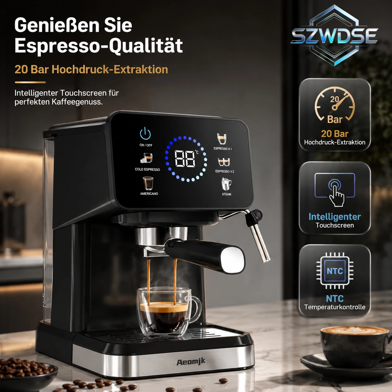 Halfautomatische espressomachine 220V met 1,5 liter watertank voor thuisgebruik. Touchscreen-bediening voor warme en koude koffiebereiding, ingebouwde melkopschuimer. een koffiezetapparaat voor