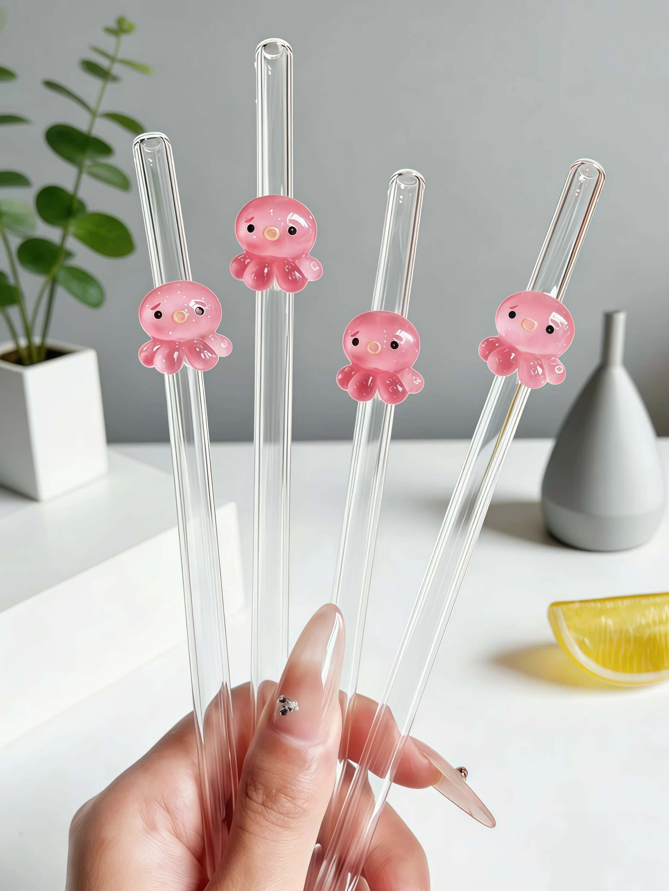 1/2/5PCS Octopus Shaped Reusable Glass Straws Set, Transparent Bendable Straws for Cocktails, Perfect Gift for Holidays