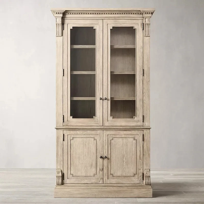 custom.American Solid Wood Side Cabinet Living Room Glass Double Door Wine Cabinet Tea Cabinet French Oak Retro Locker Custom