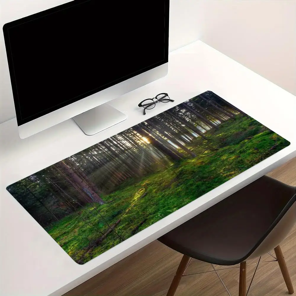 Extra Large Mousepad Sunlight Green Forest Path Nature Landscape Non Slip Rubber Base Stitched Edge for Laptop Computers