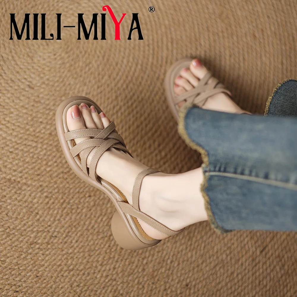 MILI-MIYA Hot Sale Gladiator Sandals Women Genuine Leather Round Peep Toe Metal Buckle Strap Thick Heels Summer Handmade Shoes