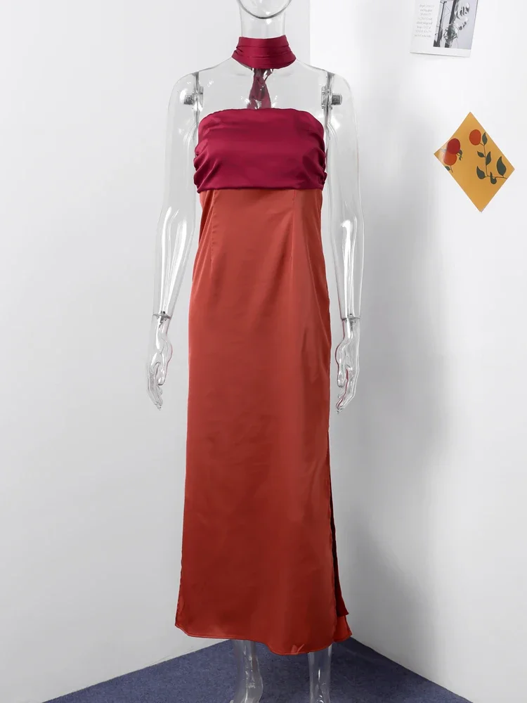 Vintage Satin Strapless Patchwork Dress Women Elegant Sleeveless Backless Ribbon Split Dresses 2024 Summer Lady Chic Party Robes