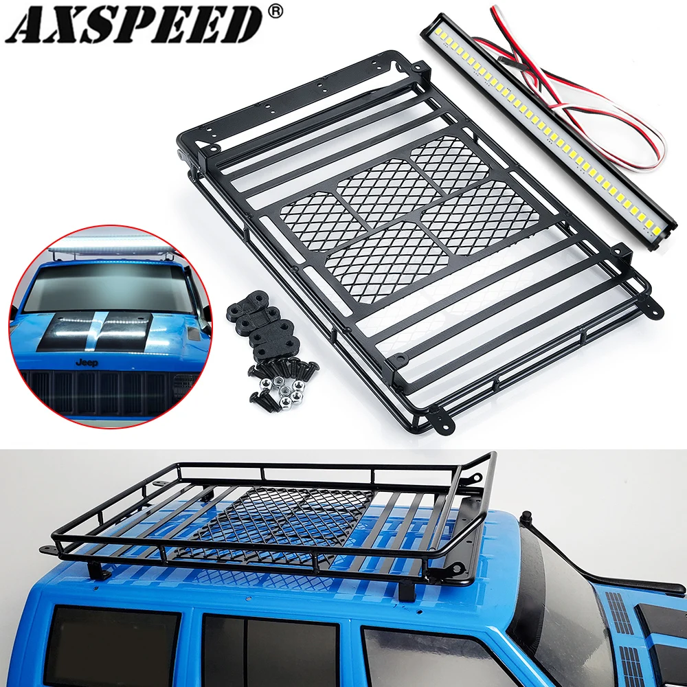 AXSPEED Metal Roof Rack Luggage Carrier with LED Light Bar for 1/10 RC Crawler Axial SCX10 90046 Wrangler Cherokee Parts