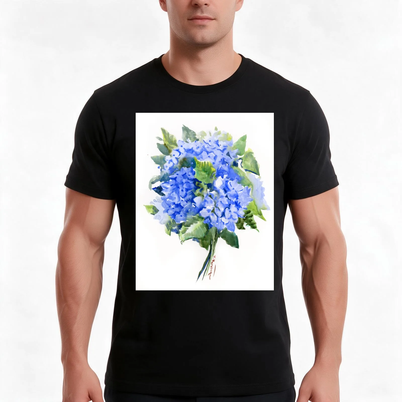 Hydrangea Flowers, Blue floral design T-Shirt, Summer Casual Cotton Tee, Oversized Streetwear Tops, Vintage Graphic Print