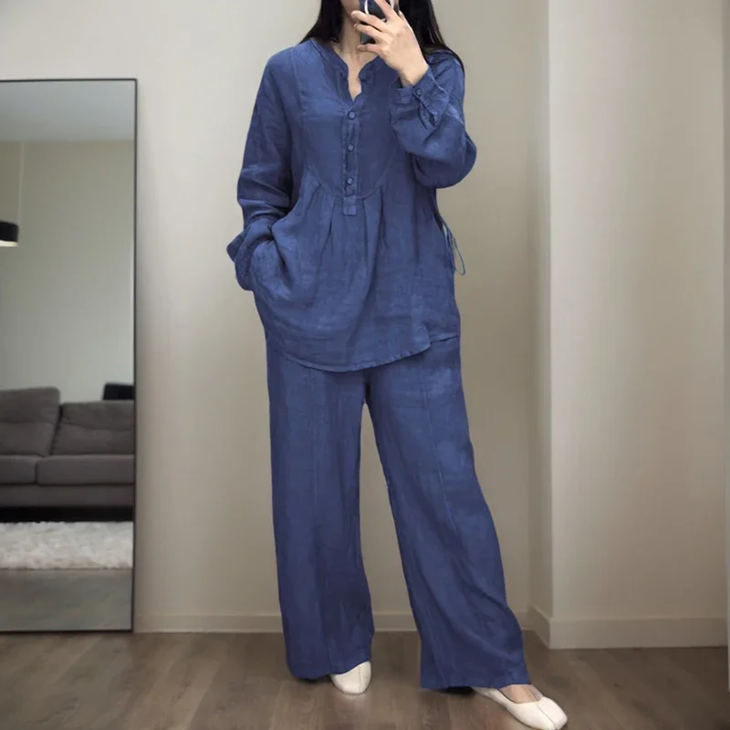 

Korean Leisure Solid Color Pants Sets For Women Fashion Versatile Long Sleeve Folds Buttons Half Placket T-Shirt Trousers Suit