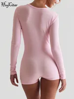 Hugcitar Spring Ribbed Solid Square Collar Long Sleeve Buttons Sexy Bodycon Skinny Playsuit Women Casual Romper Streetwear Sport - Image 2