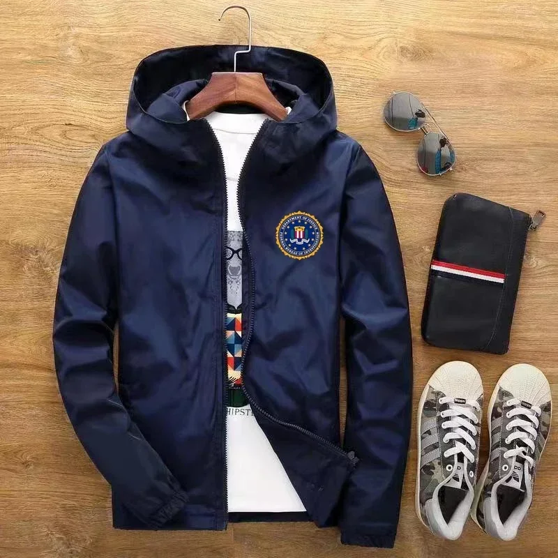 High-quality FBI printed men's outdoor sports jacket, fashionable brand casual sports jacket with windbreaker, spring and autumn