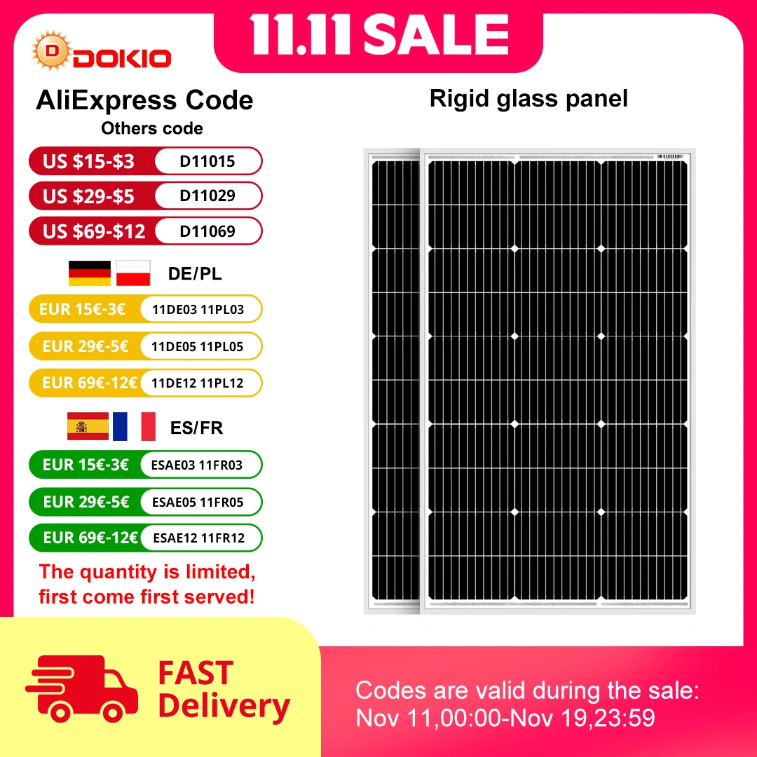 DOKIO 18V 100W 200W Rigid Solar Panel China Monocrystalline Waterproof Solar Panel Charging 12V #DSP-100MX2 Camping/Home/RV