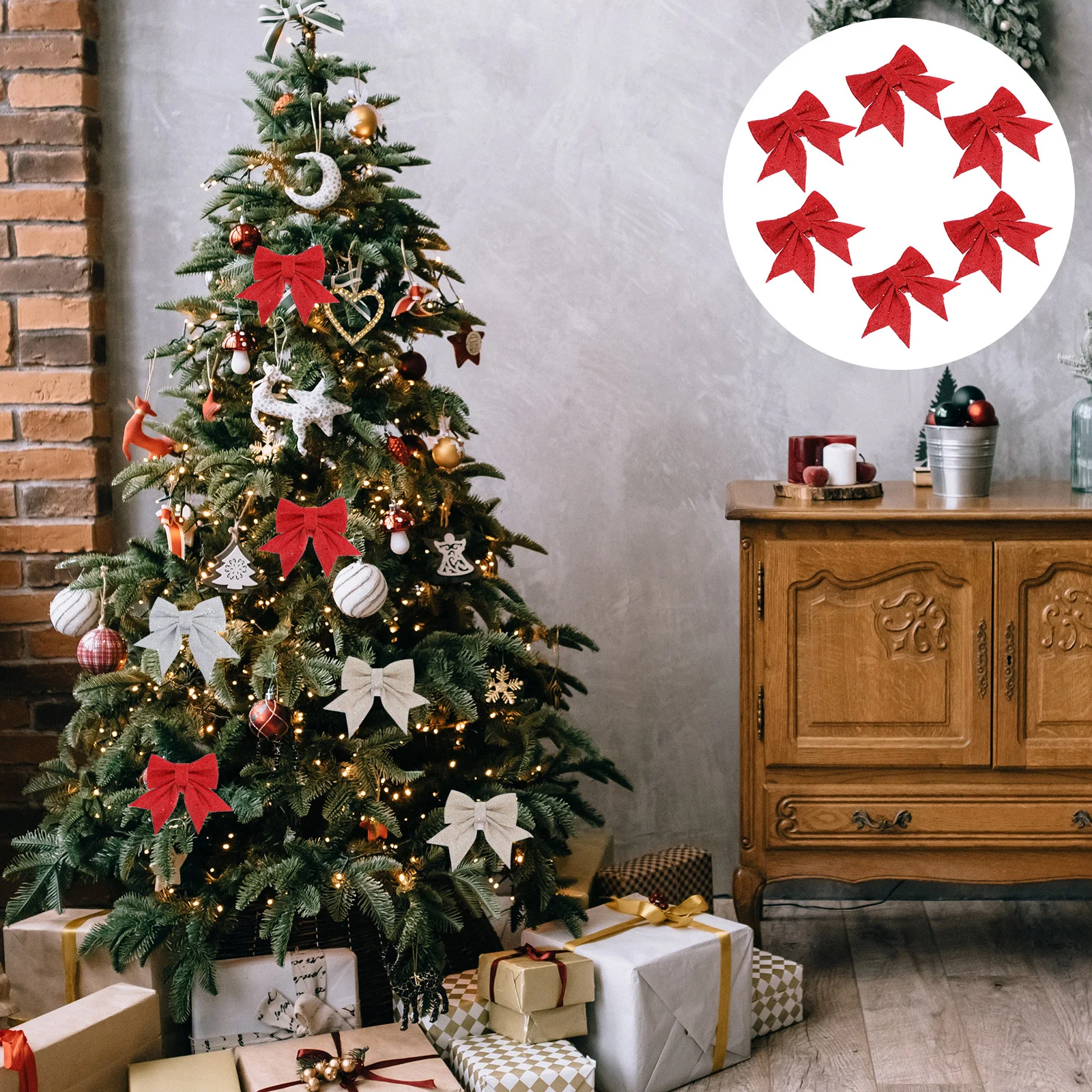 

6pcs Bow Christmas Ornaments Xmas Tree Hanging Decorations Fireplace Wall Shelf Pendant Bowknot Tree Embellishments Reusable
