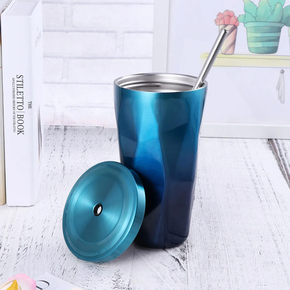 Vaso de acero inoxidable de 500 ml con diseño de diamante, taza de agua con pajita, tapa a prueba de fugas, taza portátil con aislamiento al vacío para bebidas calientes