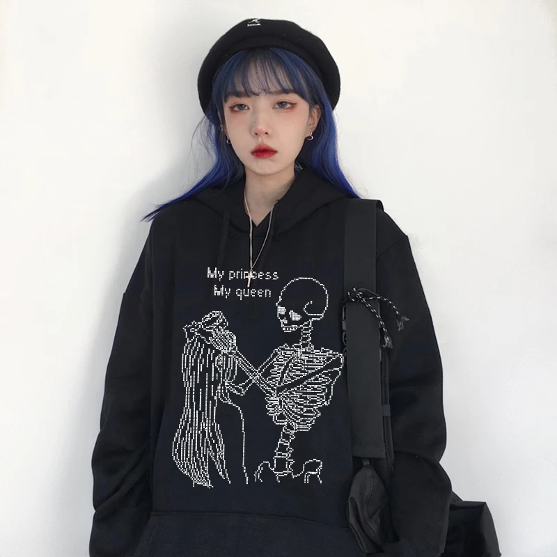 Hooded Sweatshirt Women Butterfly Gothic Skull Print Casual Oversize Hip-hop Couple Streetwear Pullovers Women Sweatshirt