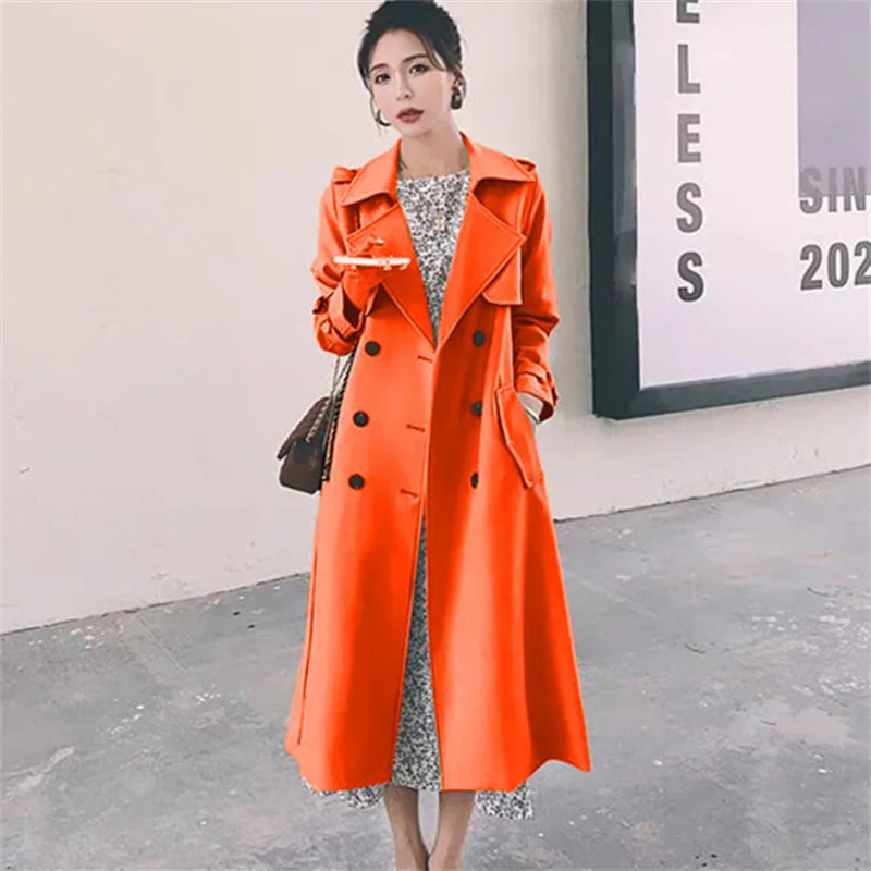 

Fashion 13-colors Long Trench Coat Women's Double-breasted Windbreaker Sashes Slim Overcoat Casual Tops Streetwear Spring Autumn