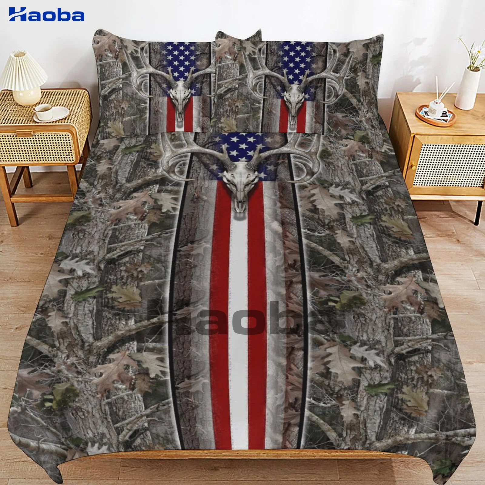 America Flag & Deer Elk Camo Print Three Piece Bedding Set Children or Adults for Beds Quilt Covers Birthday Gifts for Women Men