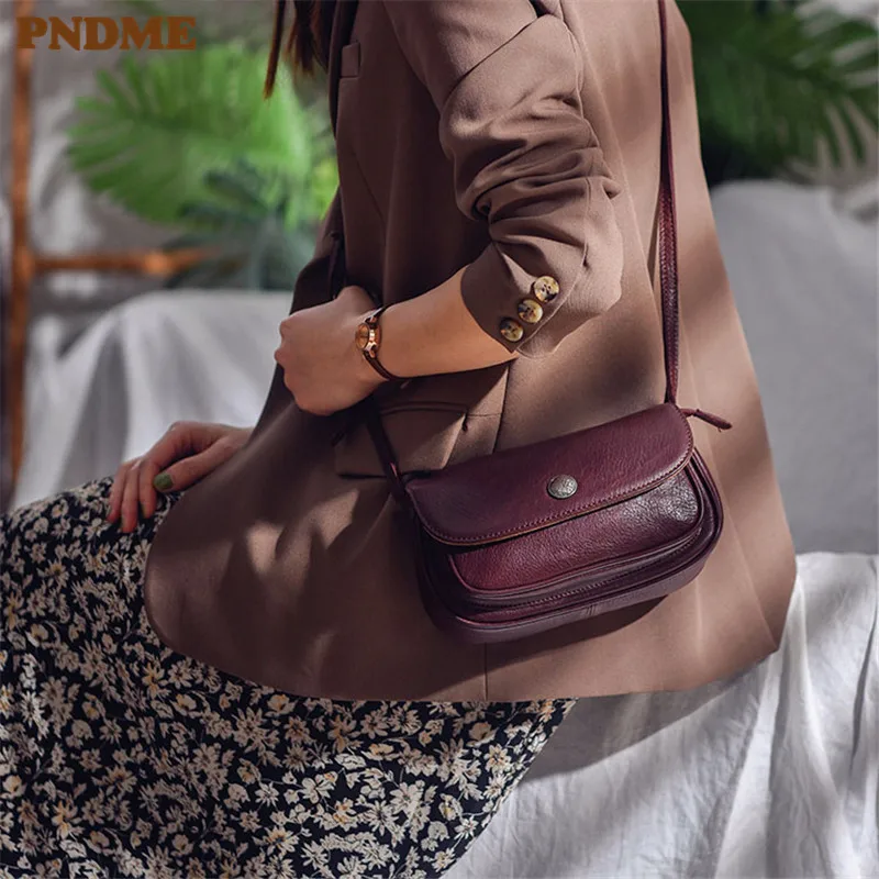 

PNDME simple casual handmade geuuine leather female crossbody bag outdoor travel natural real cowhide shoulder bag for women