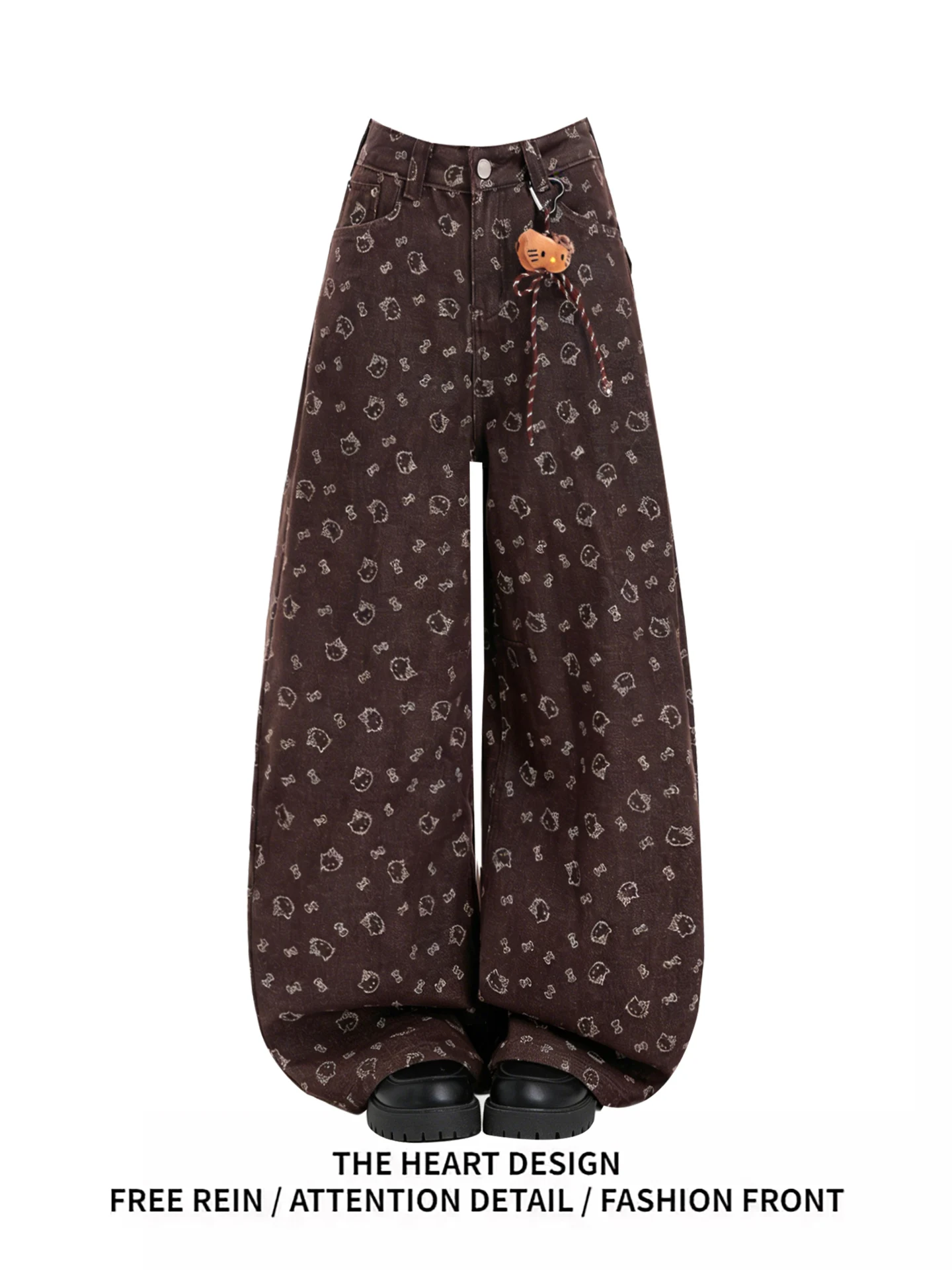 

Коричневые широкие джинсы с принтом, женские повседневные джинсовые брюки с высокой талией, весна-осень, новые универсальные джинсы свободного покроя