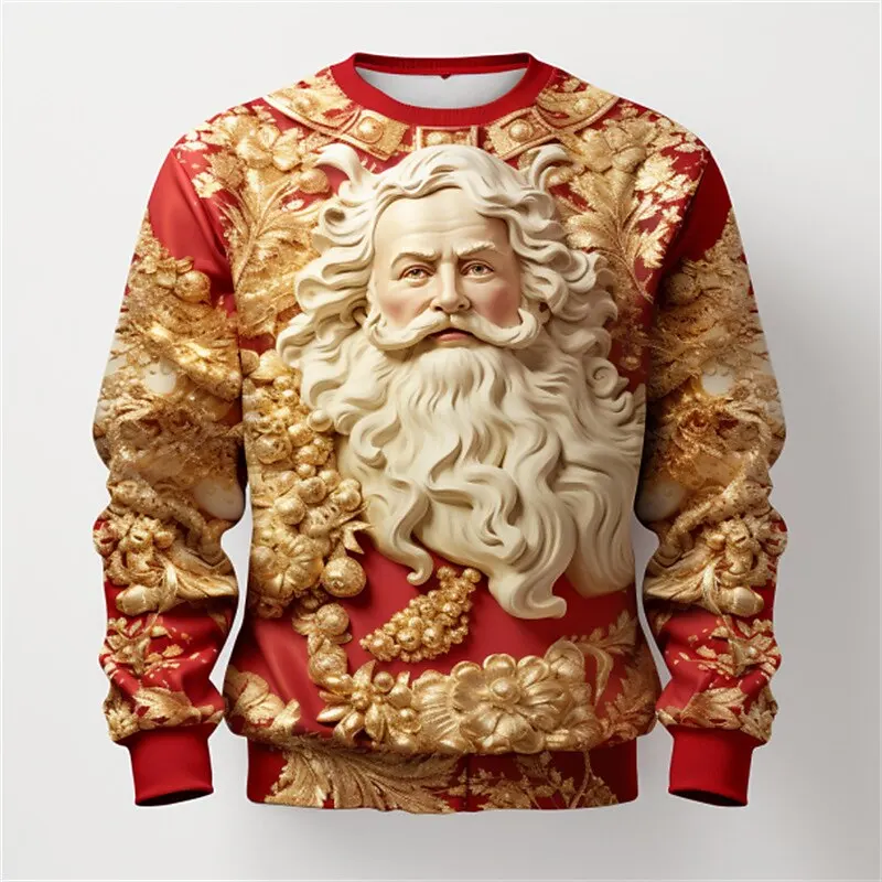 

3D Print Santa Claus Graphic Men's O-Neck Sweatshirt Autumn Winter Daily Casual Long Sleeve Pullover Christmas Festival Clothing