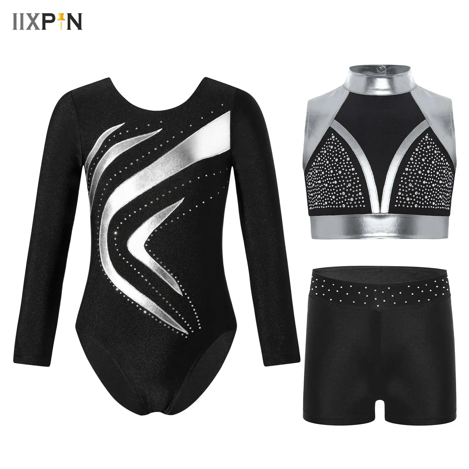 

3Pcs/Set Kids Girls Gymnastics Dance Outfit Long Sleeve Round Neck Leotard+Sleeveless Shiny Rhinestones Metallic Crop Top+Shorts