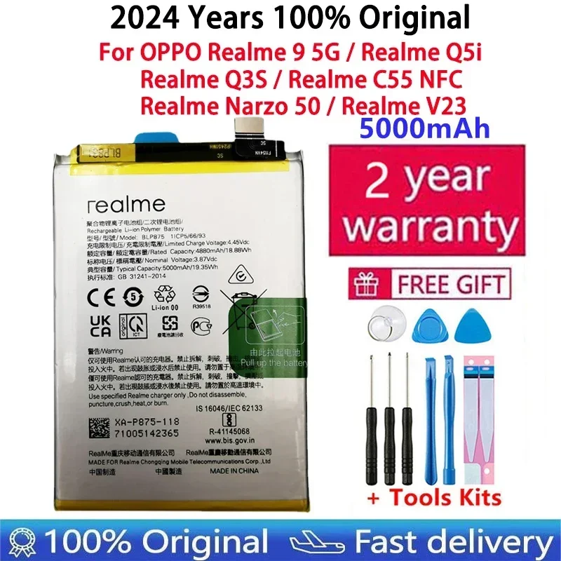100% Original 5000mAh High Quality Replacement Battery For OPPO Realme 9 5G Q5i Q3S C55 NFC Narzo 50 V23 Batteries