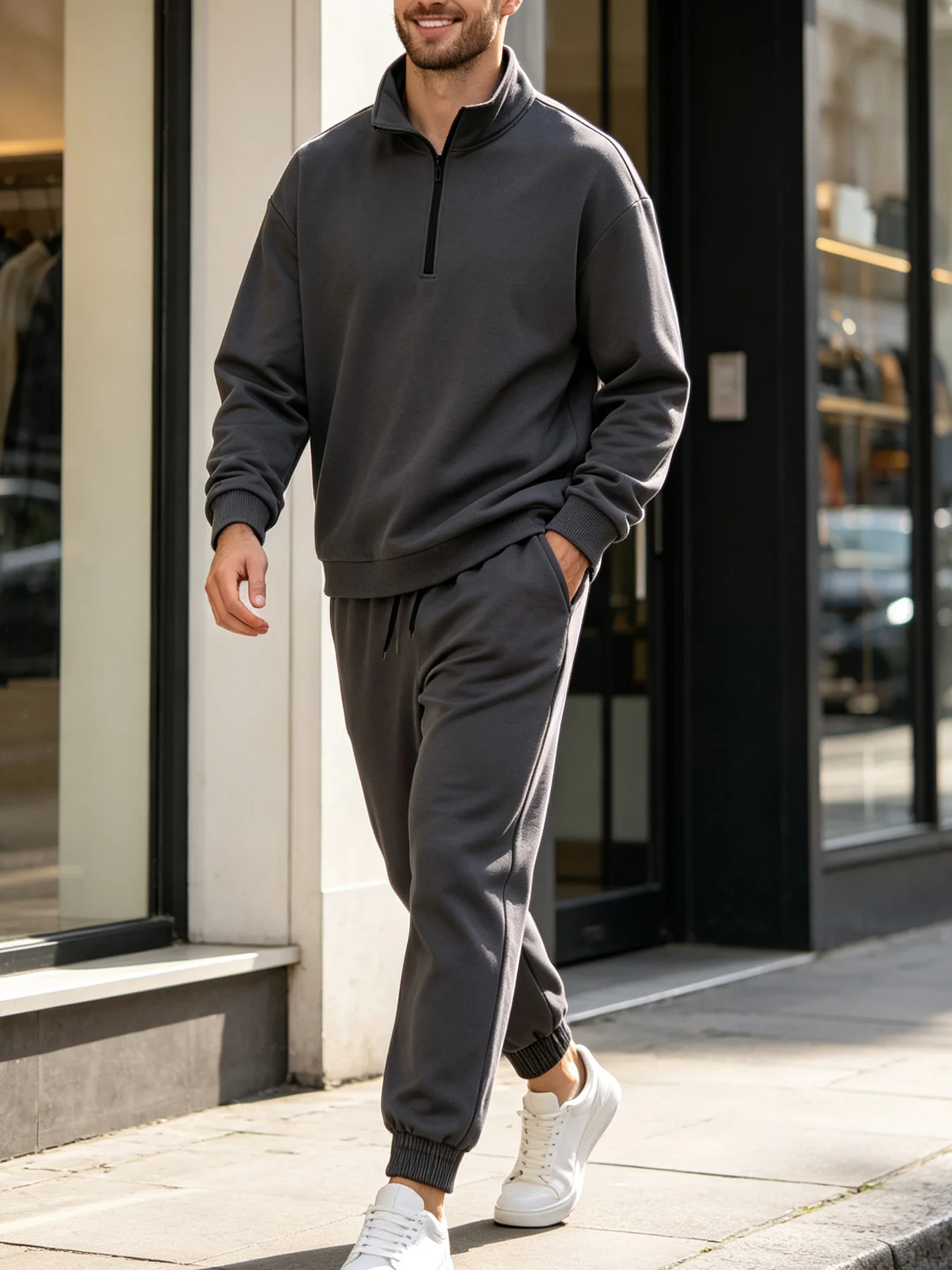Men's Business Casual Polo Collar Sweatshirt and Sweatpants Two-Piece Set, Dark Gray Solid Color Half-Zip Set, Simple Versatile Comfortable Everyday Men's Outfit Set