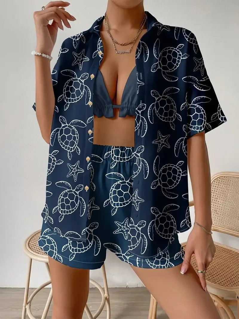 Fashion Print Beach Holiday 2-Piece Set Women Summer Short Sleeve Shirt Top + Wide Legs Short Women's Oversized Two-Piece Outfit