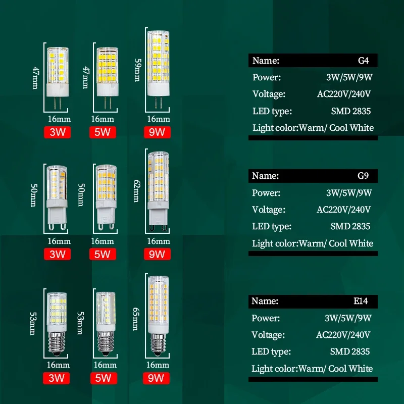 Bombilla Led E14 G4 G9, 3W, 5W, 9W, 220V, ahorro de lámpara de cerámica, ángulo de haz de 360 grados, reemplazo de luz halógena, foco de araña, 10