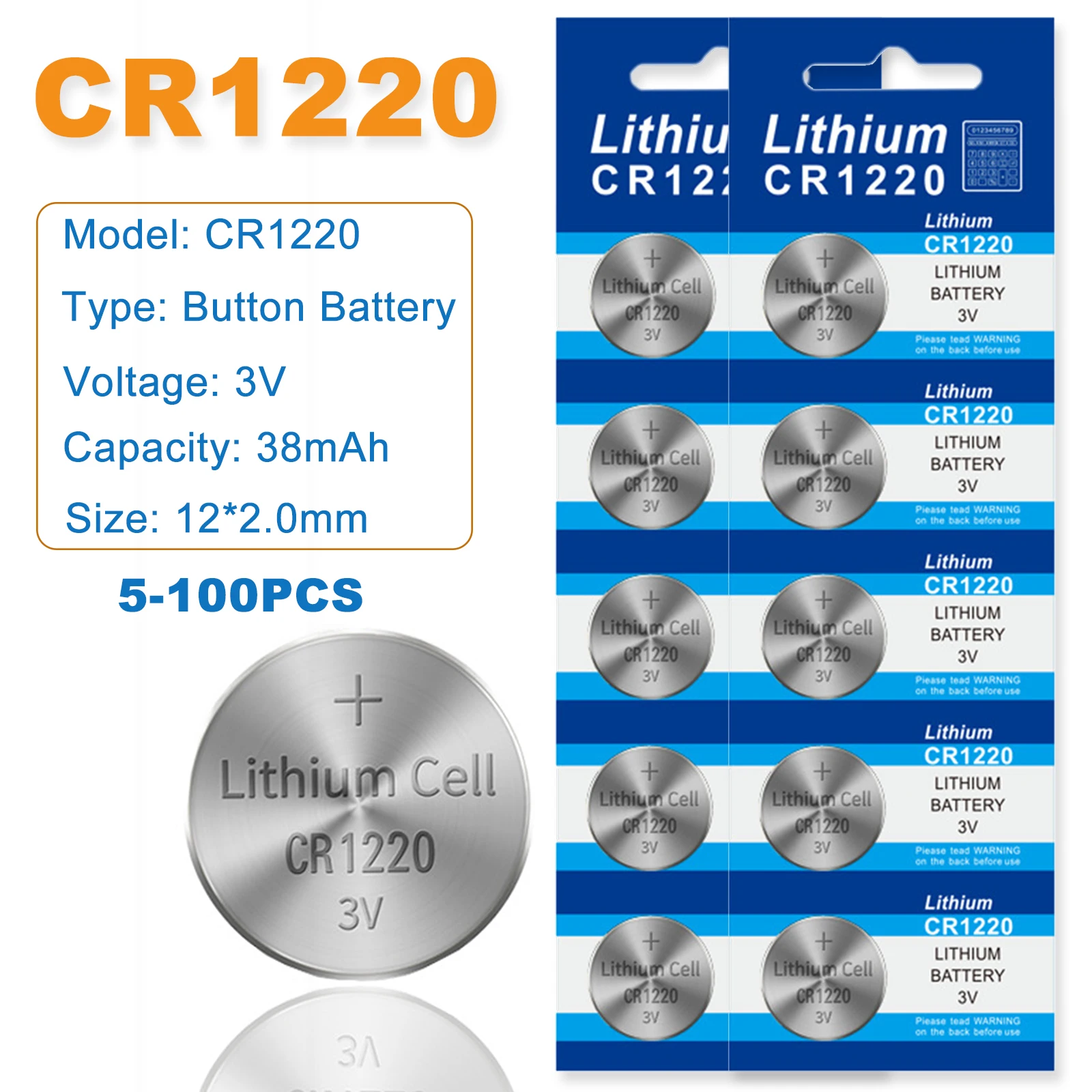 5-100Pcs CR1220 Button Coins Cell Battery CR 1220 BR1220 DL1220 3V Lithium Button Batteries For Car Key Remote Control Watch Toy