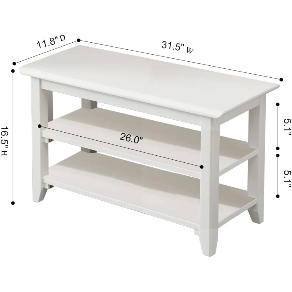 مقعد تخزين أحذية خشبي أبيض مقاس 32 بوصة مكون من 3 طبقات للمدخل والممر