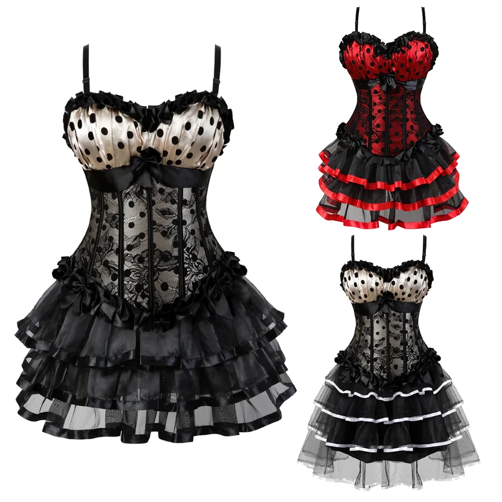 Women Sexy Side zipper Corset Skirt Set Print Dot Straps Overbust Corsets Dress and Mini Multilayer Mesh TulleTutu Skirt Set