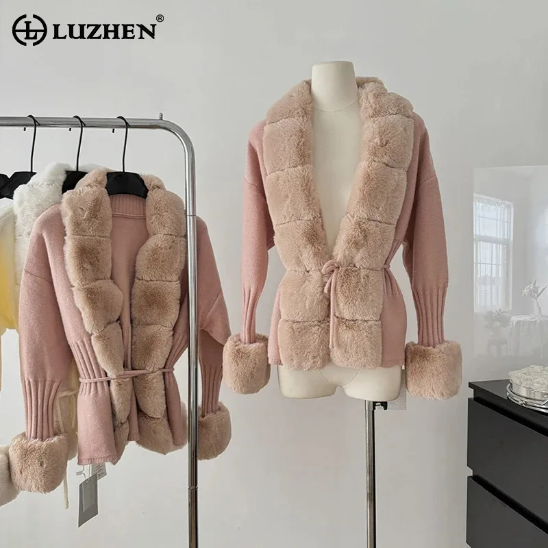 LUZHEN Luxus Design Abnehmbare Faux Pelz Hals Elegante Temperament Strickjacke frauen 2024 Neue Einfarbig Pullover AA2594