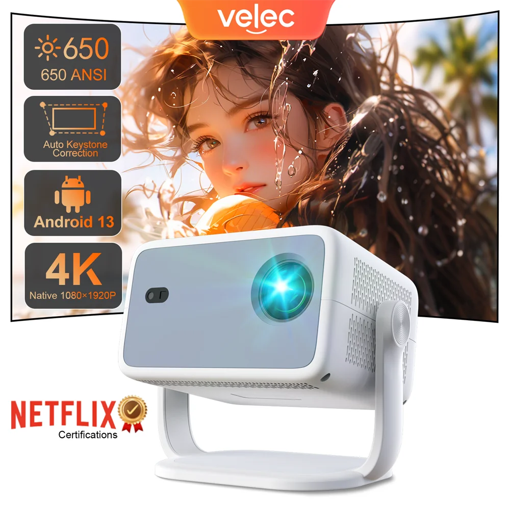 Velec Netflix-Licensed Projector 4K 1080P Android 13 650ANSI Amlogic T950D4 Wifi6 BT5.2 With Auto Keystone Correction Focus