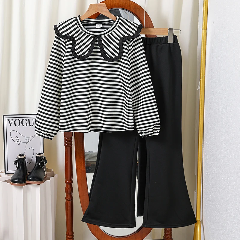 

Повседневный комплект из 2 предметов для девочек 8-12 лет: черно-белый полосатый топ с рюшами на воротнике и длинными рукавами и черные расклешенные брюки, повседневный детский наряд