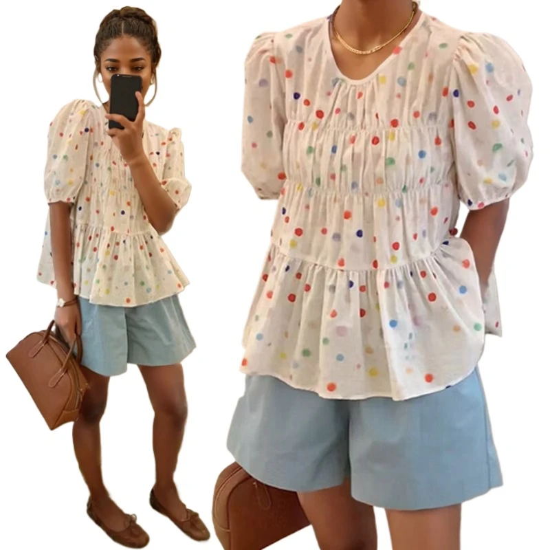 Summer Multicolor Polka Dot Printing Short Sleeve Blouse New Fashion Women Loose Casual Shirt Ladies Pleated Ruffled Tops 32