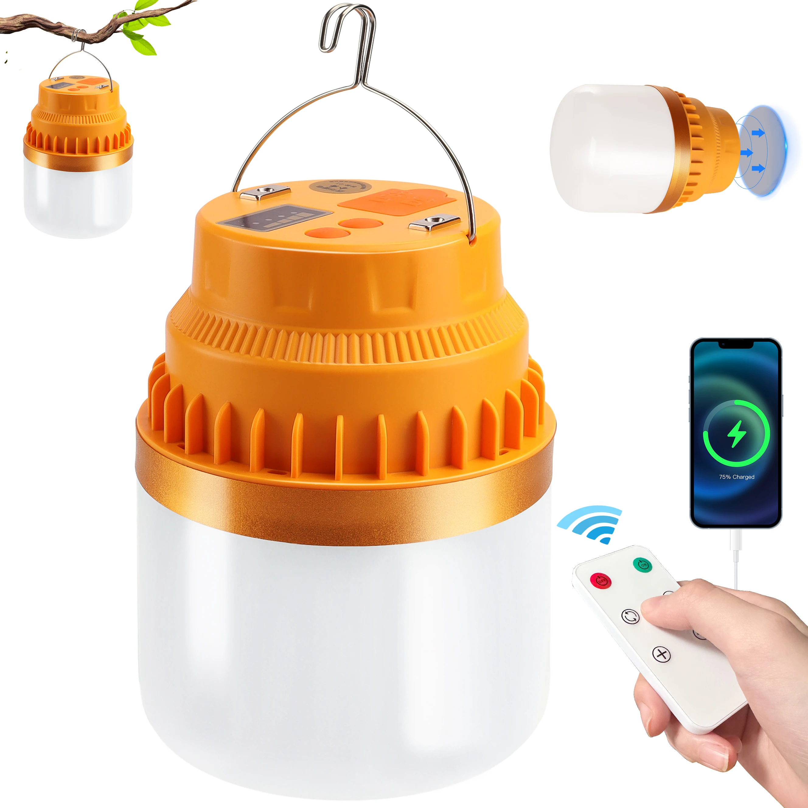 

2000LM Rechargeable LED Camping Lantern USB C 15000mAh Power Bank,Remote Control, IPX5 Camping Light With Magnet Base and Hook