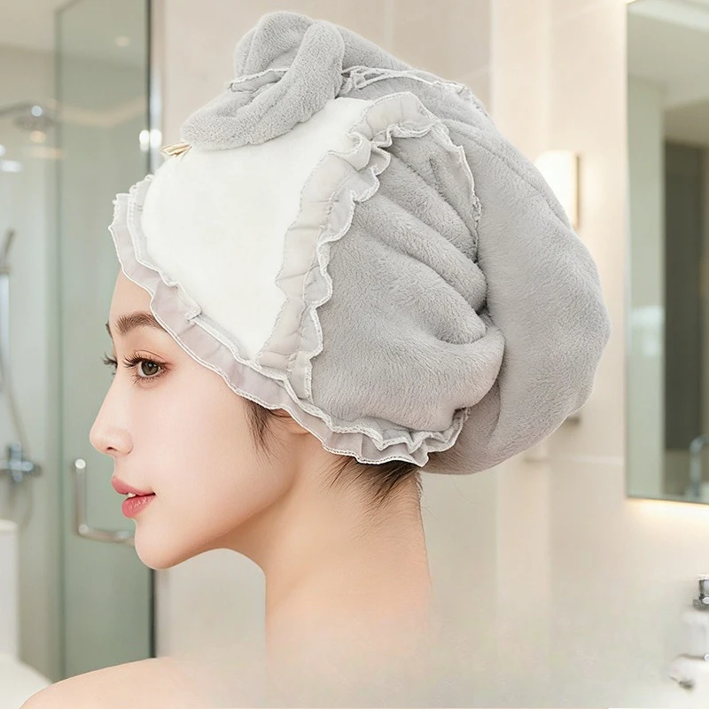 New Korean-style Lace Bow Hair-drying Cap Cherry Blossom Design Women’s Thickenedultra-absorbent Hair-drying Cap— A Popular Item